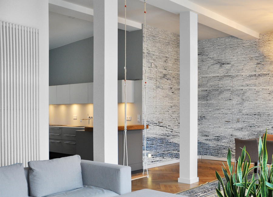 n-vier architekten, interior design, attic conversion Berlin-Friedrichshain, fitted kitchen, swing, parquet, wallpaper