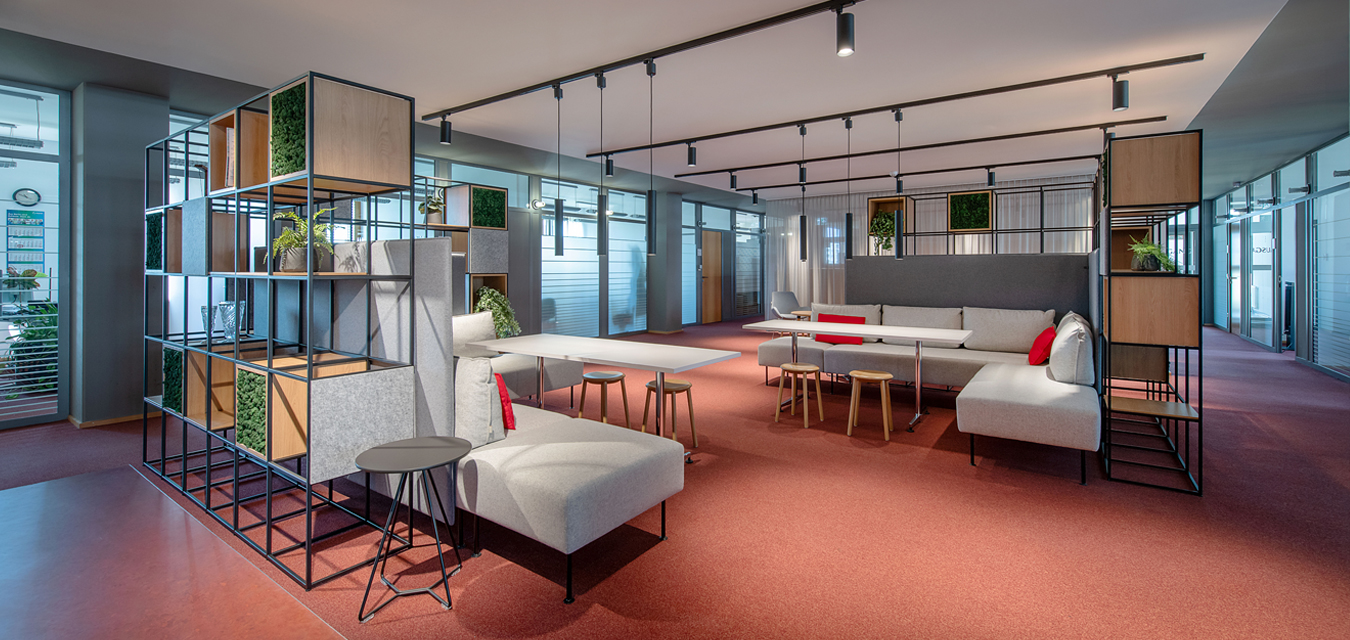 n-vier architekten, interior design Berlin-Marzahn, meeting point, seating groups, seating islands, power rails